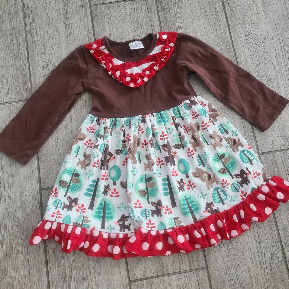 Girls Woodland Animals Ruffle Dress Brown Long Sleeve with Red Polka Dot Trim 2T